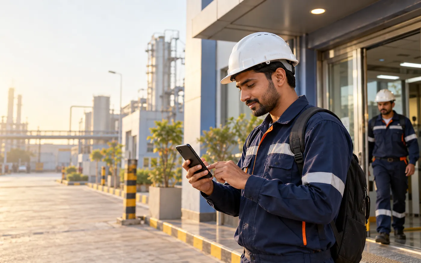 Illustrative field employee recording attendance on a phone before payroll review